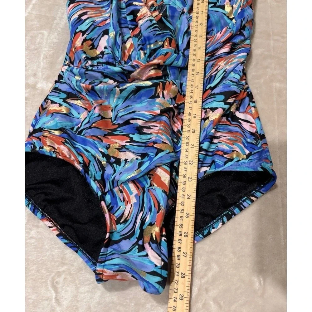 Maxine of Hollywood 1 Piece Swimsuit 16 Blue Abstract Foil Ruching Tummy Control